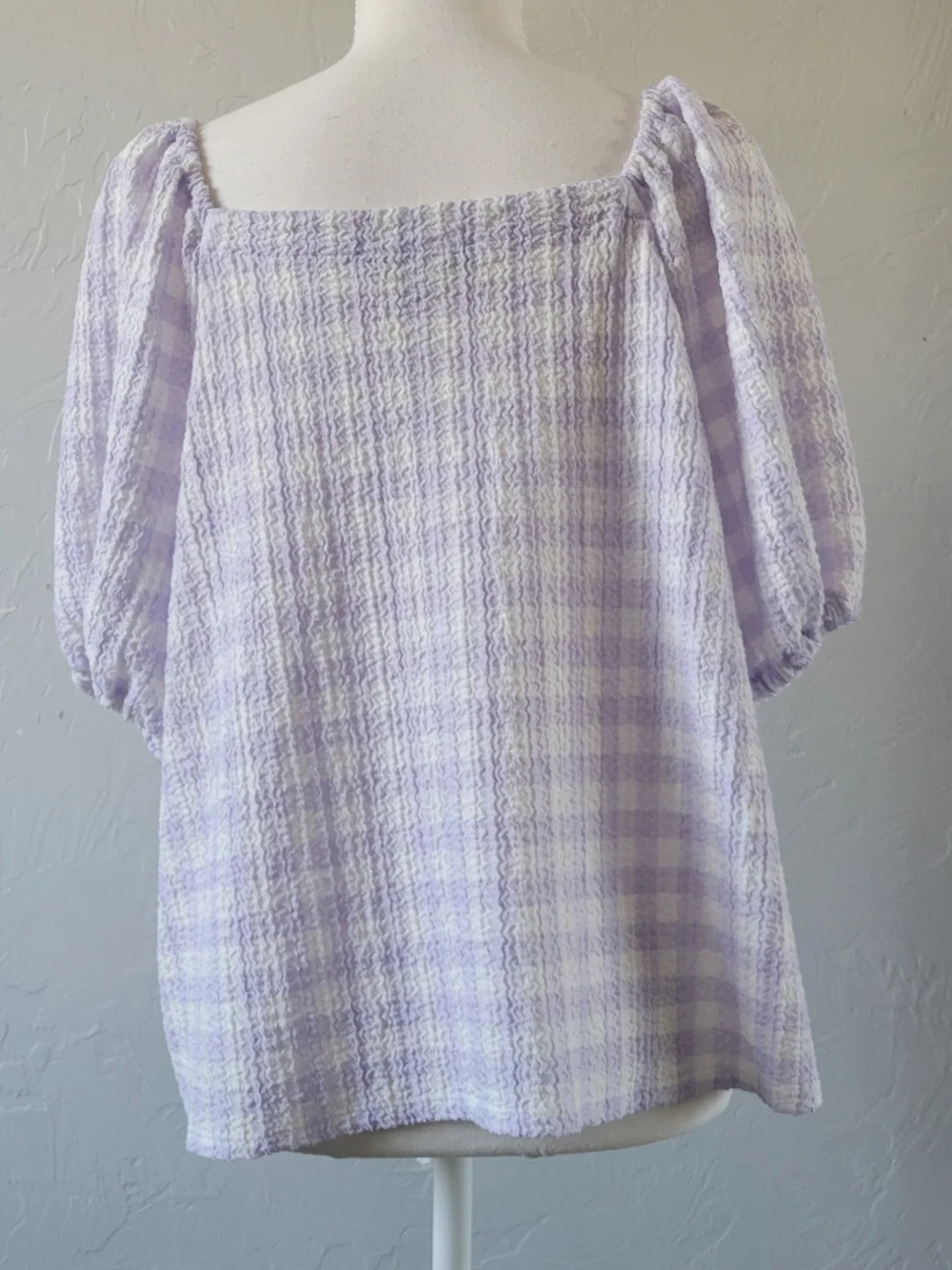 LOFT Lilac Gingham Tie Front Puff Sleeve Blouse Size L Cottagecore Coquette